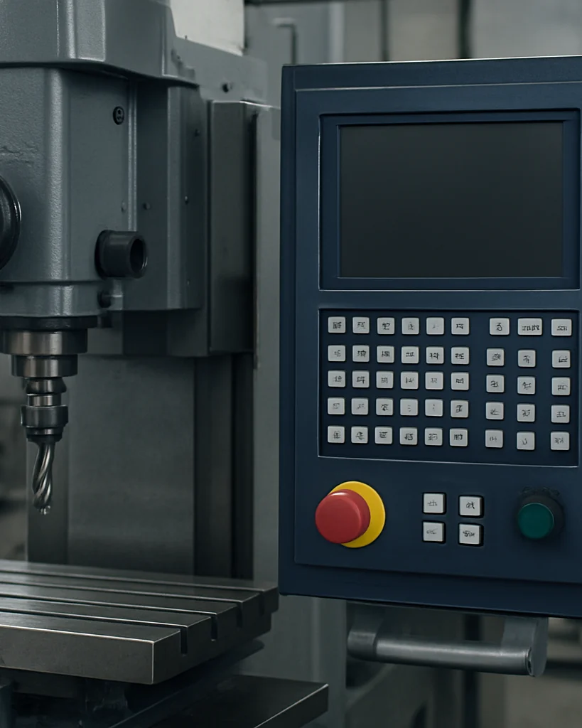 Industrial product photography of a computer-controlled machine tool, neutral workshop light, steel gray frame and muted
